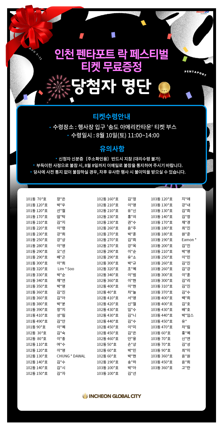 '인천 펜타포트 락 페스티벌 2019' 티켓 무료증정 당첨자 명단